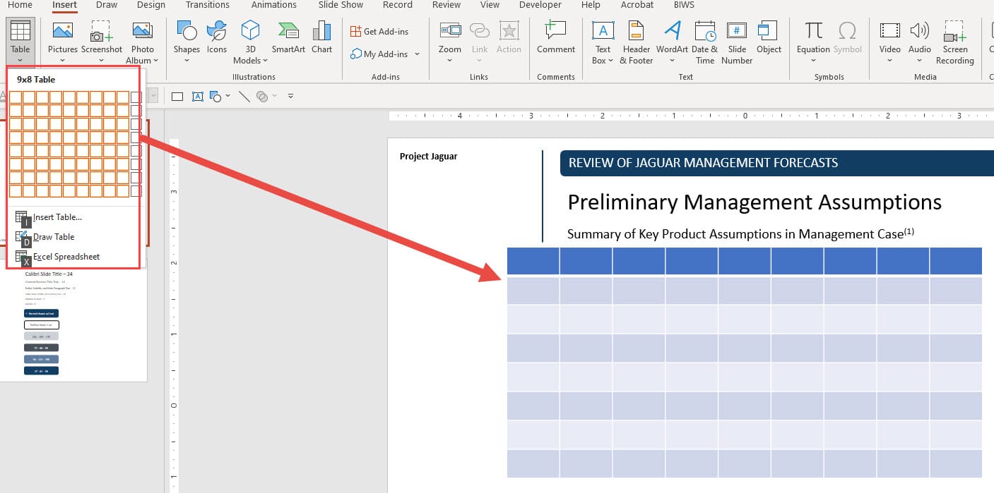 Inserting a PowerPoint Table